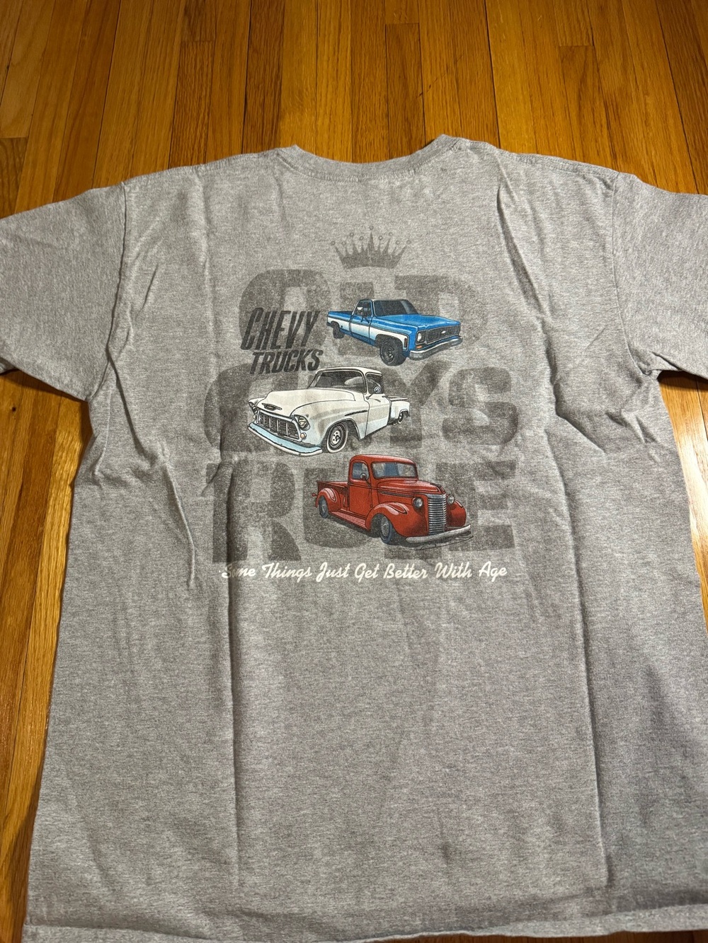 Old Guys Rule Chevy Trucks Tee Men’s Large Gray
